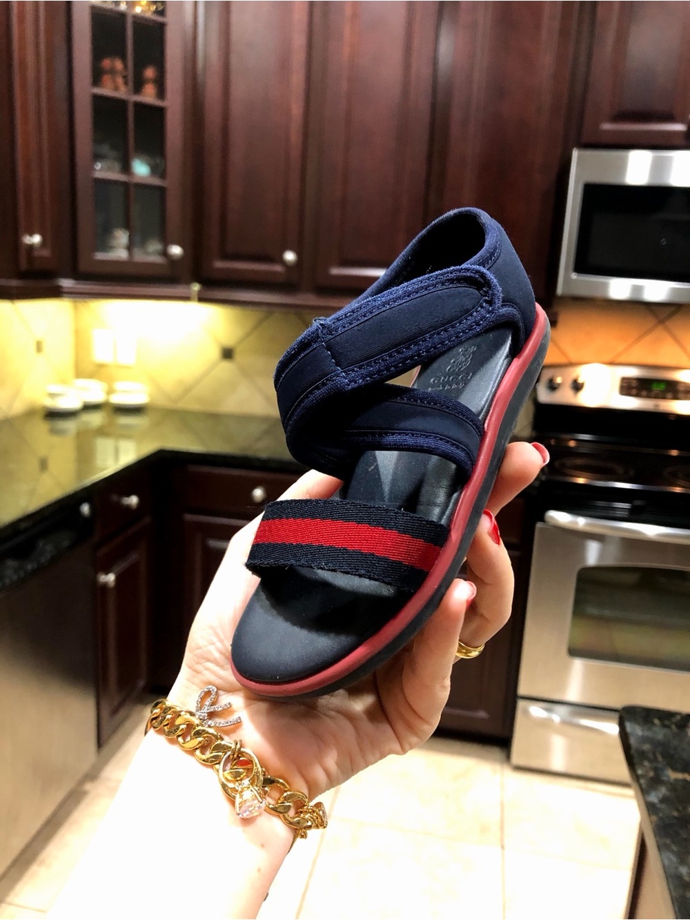 GUCCI Sandals Kids Girls Navy Blue Red Web Stripe Designer Size EU 26 / US 9 Kid
